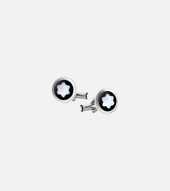 Round Cufflinks in Stainless Steel with Black PVD Inlay and Mother-of-Pearl Snowcap Emblem